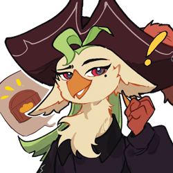 Size: 1800x1800 | Tagged: safe, artist:wumingshi61160, captain celaeno, bird, ornithian, anthro, g4, bust, emanata, exclamation point, fist, grin, hat, looking at you, pirate hat, pirate outfit, portrait, simple background, smiling, solo, speech bubble, white background