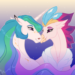 Size: 1280x1280 | Tagged: safe, artist:silkybell, princess celestia, queen novo, alicorn, classical hippogriff, hippogriff, pony, g4, my little pony: the movie, chest fluff, crown, cute, digital art, duo, ethereal mane, eyebrows, eyelashes, eyeshadow, facial markings, female, flowing mane, gradient background, happy, hoers, horn, jewelry, lesbian, lidded eyes, looking at each other, looking at someone, makeup, mare, novolestia, nuzzling, peytral, princess celestia is a horse, regalia, shipping, smiling, smiling at each other