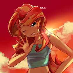 Size: 2048x2048 | Tagged: safe, artist:izuchi, sunset shimmer, equestria girls, g4, bare shoulders, breasts, cute, female, grin, looking at you, midriff, one eye closed, outdoors, reasonably sized breasts, shimmerbetes, sleeveless, smiling, smiling at you, solo, sunset