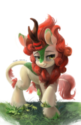 Size: 5179x8000 | Tagged: safe, artist:flvski, autumn blaze, kirin, g4, sounds of silence, absurd resolution, autumn blaze's puppet, awwtumn blaze, cloven hooves, cute, female, hoof hold, looking at you, outdoors, raised hoof, signature, simple background, solo, white background