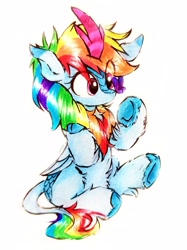 Size: 2426x3235 | Tagged: safe, artist:liaaqila, gameloft, rainbow dash, butterfly, kirin, kirin pegasus, winged kirin, g4, butterfly on nose, cute, dashabetes, eye clipping through hair, female, fluffy, horn, insect on nose, kirin rainbow dash, kirin-ified, kirinbetes, leonine tail, liaaqila is trying to murder us, liaaqila is trying to murder us with dashabetes, simple background, sitting, solo, species swap, tail, traditional art, underhoof, white background, wings