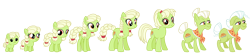 Size: 1475x320 | Tagged: safe, artist:dazzle, granny smith, earth pony, pony, g4, accessory, adorasmith, age progression, braid, braided pigtails, braided ponytail, braided tail, cute, female, filly, foal, headband, mare, older, pigtails, ponytail, simple background, tail, transparent background, young granny smith, younger