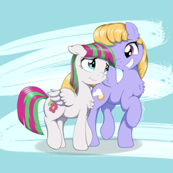 Size: 2005x2005 | Tagged: safe, artist:itchystomach, blossomforth, cloud kicker, pegasus, pony, fanfic:the life and times of a winning pony, g4, abstract background, chest fluff, cloudforth, duo, fanfic art, female, floppy ears, grin, lesbian, looking at each other, looking at someone, mare, raised hoof, shipping, smiling, smiling at each other