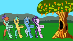 Size: 1920x1080 | Tagged: safe, artist:platinumdrop, citrine spark, peppermint goldylinks, starlight glimmer, trixie, pegasus, unicorn, g4, bow, commission, friendship student, hair bow, horn, pulling, rope, smiling