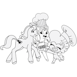 Size: 4267x4263 | Tagged: safe, artist:prixy05, pinkie pie, sunny starscout, sweet berry, earth pony, pony, g2, g4.5, g5, my little pony: pony life, my little pony: tell your tale, bipedal, chef's hat, collaboration:world collide pmv, female, food, hat, lineart, mare, muffin, tray, trio, trio female