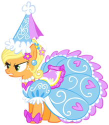 Size: 1080x1239 | Tagged: safe, applejack, earth pony, pony, g4, look before you sleep, angry, applejack also dresses in style, applejack is not amused, bow, clothes, dress, ear piercing, earring, female, flower, flower in hair, froufrou glittery lacy outfit, glare, gown, hat, heart, hennin, jewelry, mare, necklace, pearl necklace, piercing, princess, princess applejack, puffy sleeves, ribbon, simple background, solo, transparent background, unamused, wat