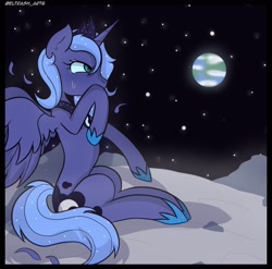 Size: 2048x2021 | Tagged: safe, artist:eltrash_art6, princess luna, alicorn, pony, g4, alone, crown, crying, earth, ethereal mane, female, hoof shoes, jewelry, luna's crown, mare, moon, peytral, raised hoof, regalia, s1 luna, sad, solo, space, sparkly mane, sparkly tail, starry mane, starry tail, stars, tail