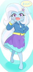 Size: 1952x4226 | Tagged: safe, artist:batipin, trixie, human, equestria girls, g4, 2d, ankles, barefoot, blushing, chibi, clothes, cute, cutie mark on clothes, dialogue, diatrixes, feet, female, hand on hip, hoodie, jacket, long sleeves, looking at you, open mouth, open smile, pointing, pointing at self, skirt, smiling, solo, toes, word bubble, zipper