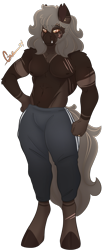 Size: 1093x2626 | Tagged: safe, artist:trashpanda czar, oc, oc only, oc:czar ski, hybrid, anthro, unguligrade anthro, anthro oc, chest fluff, clothes, cloven hooves, coat markings, colored sclera, ear fluff, ear piercing, eye scar, eyebrow piercing, eyebrows, eyebrows visible through hair, facial scar, hybrid oc, male, medibang paint, muscles, pants, partial nudity, piercing, scar, shoulder fluff, signature, simple background, slit pupils, sweatpants, topless, torn ear, transparent background, tusk