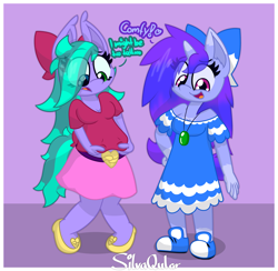 Size: 3040x2968 | Tagged: safe, artist:silvaqular, oc, oc:cyanette, oc:qular, earth pony, unicorn, anthro, plantigrade anthro, belt, belt buckle, blue, bow, clothes, cyan, dress, female, horn, jewelry, long hair, multicolored hair, necklace, passepartout, purple, shirt, shoes, skirt