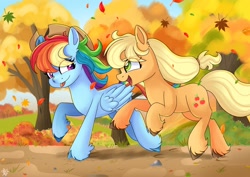 Size: 2048x1448 | Tagged: safe, artist:galaxy swirl, applejack, rainbow dash, earth pony, pegasus, pony, fall weather friends, g4, :p, accessory theft, applejack's hat, autumn, cowboy hat, duo, duo female, eye clipping through hair, eyebrows, eyebrows visible through hair, female, folded wings, freckles, galloping, hat, leaf, leaf pile, leaves, lesbian, looking at each other, looking at someone, mare, open mouth, open smile, outdoors, rainbow dash wearing applejack's hat, running, scene interpretation, ship:appledash, shipping, signature, smiling, smiling at each other, tied hair, tongue out, tree, unshorn fetlocks, wings