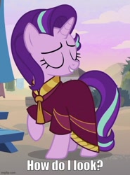 Size: 500x677 | Tagged: safe, edit, edited screencap, screencap, starlight glimmer, pony, unicorn, g4, road to friendship, bronybait, caption, clothes, cropped, eyes closed, female, horn, image macro, imgflip, mare, outdoors, raised hoof, robe, smiling, solo, talking to viewer, text