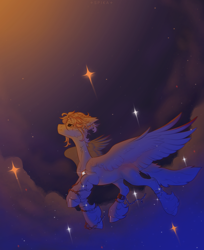 Size: 4000x4900 | Tagged: safe, artist:spika, oc, oc only, pegasus, pony, chains, cloud, flying, manacles, outdoors, solo, spread wings, stars, unshorn fetlocks, wings