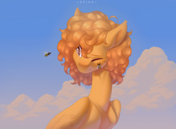 Size: 5200x3800 | Tagged: safe, artist:spika, oc, oc only, bee, insect, pegasus, pony, cloud, one eye closed, outdoors, solo