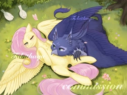 Size: 4000x3000 | Tagged: safe, artist:tabithaqu, fluttershy, oc, bird, dove, griffon, pony, g4, commission, outdoors