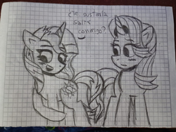 Size: 1600x1204 | Tagged: safe, artist:rosa ushiromiya, starlight glimmer, sunset shimmer, pony, unicorn, g4, blushing, duo, duo female, female, graph paper, horn, lesbian, mare, monochrome, raised hoof, ship:shimmerglimmer, shipping, spanish, standing, traditional art