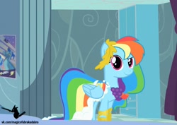 Size: 1280x908 | Tagged: safe, artist:bistmantis, rainbow dash, g4, alternate hairstyle, beautiful, bed, clothes, dress, formal wear, gala dress, gown, rainbow dash's bedroom, rainbow dash's first gala dress, sexy, stupid sexy rainbow dash