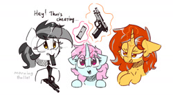 Size: 1280x720 | Tagged: safe, artist:morningbullet, oc, oc only, oc:cinderheart, oc:noot, oc:scoops, earth pony, pony, unicorn, beretta 92fs, gun, handgun, horn, magic, pistol, simple background, sketch, telekinesis, tongue out, trio, unicorn oc, weapon, white background