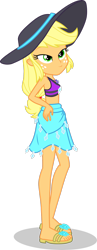 Size: 1280x3312 | Tagged: safe, artist:dustinwatsongkx, applejack, human, equestria girls, g4, accessory swap, armpits, bare arms, bare legs, bare shoulders, blonde hair, clothes, clothes swap, female, freckles, geode of shielding, green eyes, hand on hip, hat, jewelry, low ponytail, magical geodes, necklace, orange skin, rarity's blue sarong, rarity's purple bikini, sarong, simple background, skirt, sleeveless, smug, solo, sun hat, swimsuit, swimsuit swap, transparent background, vector