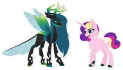 Size: 1080x614 | Tagged: safe, artist:xxanimatorixx, princess cadance, queen chrysalis, alicorn, changeling, changeling queen, pony, g4, alternate design, alternate universe, colored hooves, colored wings, disguise, disguised changeling, fake cadance, female, folded wings, hooves, lidded eyes, open mouth, raised hoof, role reversal, sibling swap, simple background, spread wings, transparent background, wings