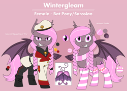 Size: 3844x2768 | Tagged: safe, artist:moonatik, oc, oc only, oc:wintergleam, bat pony, bat pony oc, beret, boots, braid, clothes, commission, cute, evil smile, hat, military uniform, reference sheet, scarf, shoes, smiling, socks, solar empire, solo, striped scarf, striped socks, uniform