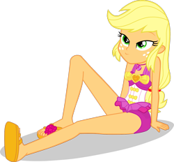 Size: 1367x1268 | Tagged: safe, artist:dustinwatsongkx, applejack, human, equestria girls, g4, bare shoulders, clothes swap, female, freckles, geode of sugar bombs, hatless, magical geodes, missing accessory, pinkie pie swimsuit, simple background, sleeveless, solo, swimsuit swap, transparent background