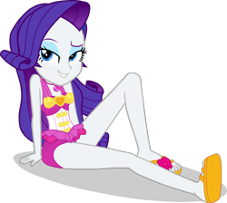 Size: 1452x1303 | Tagged: safe, artist:dustinwatsongkx, rarity, human, equestria girls, g4, bare shoulders, bow, clothes, clothes swap, female, flip-flops, geode, geode of sugar bombs, heart, looking at you, magical geodes, one-piece swimsuit, pinkie pie swimsuit, sandals, simple background, sitting, sleeveless, smiling, smiling at you, solo, swimsuit, swimsuit swap, transparent background