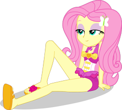 Size: 1467x1324 | Tagged: safe, artist:dustinwatsongkx, fluttershy, human, equestria girls, g4, bare shoulders, bow, clothes, clothes swap, eyeshadow, female, flip-flops, geode of sugar bombs, legs, lidded eyes, magical geodes, makeup, one-piece swimsuit, pinkie pie swimsuit, sandals, simple background, sitting, skinny, sleeveless, smiling, solo, swimsuit, swimsuit swap, thin, transparent background