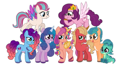 Size: 5455x2993 | Tagged: safe, artist:squipycheetah, hitch trailblazer, izzy moonbow, misty brightdawn, pipp petals, sparky sparkeroni, sprout cloverleaf, sunny starscout, zipp storm, alicorn, dragon, earth pony, pegasus, pony, unicorn, g4, g5, baby, baby dragon, g5 to g4, generation leap, horn, mane five, mane seven (g5), mane six (g5), mane stripe sunny, race swap, rebirth misty, simple background, sunnycorn, transparent background