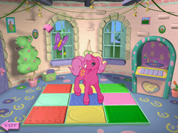 Size: 800x600 | Tagged: safe, sundance (g2), butterfly, earth pony, pony, g2, my little pony: friendship gardens, book, brush, cursor, cute, dance studio, door, exit, female, flower, flower pot, g2 sundawwnce, g2betes, horseshoes, indoors, jukebox, mare, pc game, picture, picture frame, ponyland, solo, steps, streamers, tree, video game, window