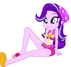 Size: 1487x1406 | Tagged: safe, artist:dustinwatsongkx, starlight glimmer, human, equestria girls, g4, bare shoulders, beanie, clothes, clothes swap, female, geode of sugar bombs, hat, magical geodes, one-piece swimsuit, pinkie pie swimsuit, simple background, sleeveless, solo, swimsuit, swimsuit swap, transparent background