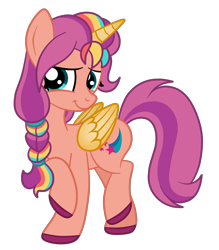 Size: 3509x4000 | Tagged: safe, artist:squipycheetah, sunny starscout, alicorn, pony, g4, g5, g5 to g4, generation leap, happy, raised hoof, simple background, smiling, standing on two hooves, style emulation, transparent background