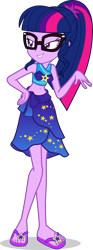 Size: 1584x4245 | Tagged: safe, artist:dustinwatsongkx, sci-twi, twilight sparkle, human, equestria girls, g4, bare shoulders, belly, belly button, clothes, clothes swap, female, flirting, sarong, simple background, sleeveless, solo, sports bra, swimsuit, swimsuit swap, transparent background, trixie's beach shorts swimsuit