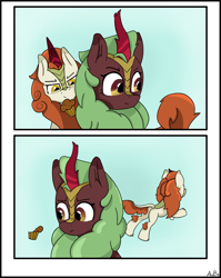 Size: 2101x2633 | Tagged: safe, artist:aubs, artist:derpy_fan, autumn blaze, cinder glow, summer flare, kirin, g4, 2 panel comic, butt, comic, duo, female, food, muffin, newbie artist training grounds, plot, sneaky