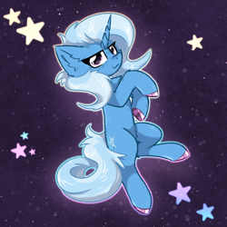 Size: 2000x2000 | Tagged: safe, artist:jubyskylines, trixie, pony, unicorn, g4, abstract background, chest fluff, colored hooves, ear fluff, female, full body, hooves, horn, looking at you, mare, outline, smiling, smiling at you, smug, solo, stars, tail, two toned mane, two toned tail