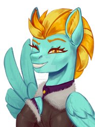 Size: 1280x1724 | Tagged: safe, artist:mr20catfish, lightning dust, pegasus, pony, g4, bomber jacket, clothes, cute, deviantart watermark, dustabetes, feather fingers, female, grin, hoof on chest, jacket, mare, obtrusive watermark, one eye closed, peace sign, simple background, smiling, solo, transparent background, watermark, wing hands, wings, wink