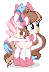 Size: 1220x1776 | Tagged: safe, artist:cstrawberrymilk, oc, oc only, oc:strawberry milk, pegasus, pony, sylveon, bangs, blue eyes, bow, bowtie, brown mane, brown tail, clothes, coat markings, colored ears, colored pinnae, colored wings, costume, cream coat, ear bow, eyelashes, eyeshadow, facial markings, fake ears, fake tail, female, female oc, gradient wings, makeup, mare, mare oc, multiple tails, necktie, nightmare night costume, paw socks, pegasus oc, pink eyeshadow, pokémon, ponysona, ponytail, ribbon, shadow, show accurate, simple background, smiling, snip (coat marking), socks, solo, sparkly eyeshadow, sparkly wings, spread wings, standing, tail, tall ears, three quarter view, tied mane, transparent background, two tails, two toned mane, two toned tail, wings