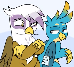 Size: 2048x1853 | Tagged: safe, artist:chaosimp2006, gallus, gilda, griffon, g4, crossed arms, duo, duo male and female, female, gallus is not amused, kick me, male, note, prank, tape, unamused