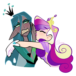 Size: 2048x2048 | Tagged: safe, artist:3ggmilky, princess cadance, queen chrysalis, human, g4, blushing, clothes, crown, dark skin, dress, duo, duo female, eyes closed, eyeshadow, female, gloves, gritted teeth, hand kiss, hug, humanized, infidelity, jewelry, kiss denied, lesbian, lipstick, makeup, nail polish, regalia, ship:cadalis, shipping, simple background, teeth, white background