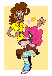 Size: 2048x3000 | Tagged: safe, artist:3ggmilky, cheese sandwich, pinkie pie, human, g4, belt, clothes, converse, cute, dark skin, diapinkes, duo, duo male and female, female, heart, hug, humanized, leg warmers, looking at each other, looking at someone, male, open mouth, pants, passepartout, ship:cheesepie, shipping, shirt, shoes, size difference, skirt, socks, straight, striped socks