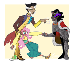 Size: 3500x3000 | Tagged: safe, artist:3ggmilky, discord, fluttershy, king sombra, human, g4, armor, beard, belly button, belly piercing, bowtie, cape, clothes, coat, colored sclera, crown, dark skin, duo, facial hair, feet, female, fluttershy gets all the stallions, gloves, gritted teeth, holding hands, humanized, jewelry, looking at each other, looking at someone, love triangle, male, midriff, mismatched shoes, moderate dark skin, necklace, necktie, open mouth, passepartout, piercing, regalia, rivalry, robe, sandals, ship:discoshy, ship:sombrashy, shipping, shirt, shoes, skirt, straight, suit, teeth, trio