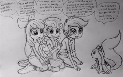 Size: 3614x2282 | Tagged: safe, artist:majkashinoda626, apple bloom, scootaloo, sweetie belle, human, equestria girls, g4, cutie mark crusaders, dialogue, english, group, incubator (species), kneeling, kyubey, lineart, open mouth, puella magi madoka magica, quartet, simple background, speech bubble, this will end in tears and/or death and/or covered in tree sap, this will not end well, traditional art, white background