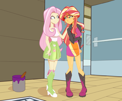 Size: 1800x1500 | Tagged: safe, artist:ignoto_delta, fluttershy, sunset shimmer, human, rainbow rocks 10th anniversary, equestria girls, g4, my little pony equestria girls: rainbow rocks, duo, duo female, female, freckles, indoors, peppered bacon, scene interpretation