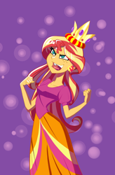 Size: 864x1317 | Tagged: safe, artist:ignoto_delta, sunset shimmer, human, equestria girls, g4, my little pony equestria girls, clothes, crown, dress, evil smile, fall formal, female, freckles, jewelry, narrowed eyes, open mouth, open smile, peppered bacon, regalia, scene interpretation, smiling, solo