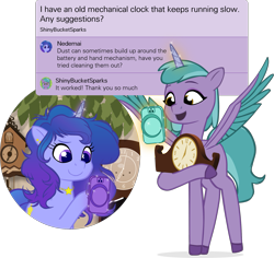 Size: 1695x1602 | Tagged: safe, artist:equestriaexploration, shiny sparks, oc, oc:nedemai, alicorn, pony, g5, my little pony: tell your tale, alicornified, cellphone, clock, duo, female, gradient mane, magic, mare, not izzy moonbow, phone, race swap, simple background, smiling, sparksicorn, telekinesis, transparent background