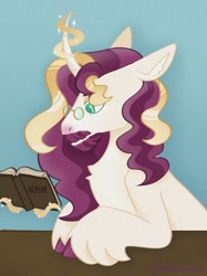 Size: 975x1305 | Tagged: safe, artist:cloudedstormie, oc, oc only, oc:scrivener, pony, unicorn, book, glasses, horn, magic, male, solo, stallion