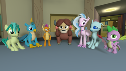 Size: 2048x1152 | Tagged: safe, artist:gaelgaming1, gallus, ocellus, sandbar, silverstream, smolder, spike, yona, changedling, changeling, classical hippogriff, dragon, earth pony, griffon, hippogriff, yak, g4, 3d, dragoness, female, indoors, male, source filmmaker, student six