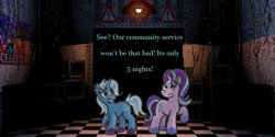 Size: 2000x1000 | Tagged: safe, artist:zoeyhorse, starlight glimmer, trixie, pony, unicorn, g4, duo, duo female, female, five nights at freddy's, horn, indoors, lesbian, ship:startrix, shipping, this will end in death, this will end in tears, this will end in tears and/or death