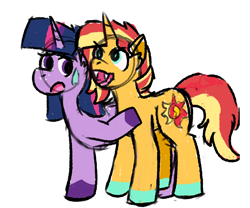 Size: 1200x1000 | Tagged: safe, artist:zoeyhorse, sunset shimmer, twilight sparkle, pony, undead, unicorn, vampire, vampony, g4, colored hooves, fangs, female, hooves, horn, lesbian, mare, open mouth, ship:sunsetsparkle, shipping, simple background, sketch, sweat, sweatdrop, white background