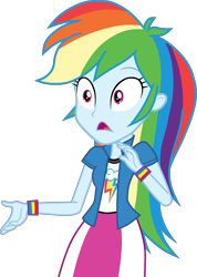 Size: 2510x3530 | Tagged: safe, artist:octosquish7260, rainbow dash, human, equestria girls, g4, clothes, cutie mark on clothes, female, shirt, shocked, shocked expression, simple background, skirt, solo, teenager, transparent background, vest, wristband